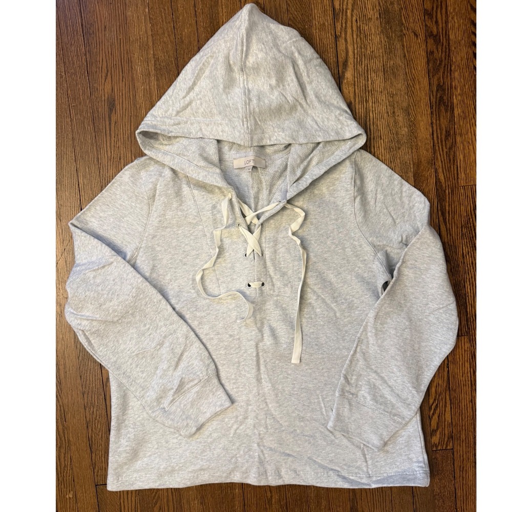 LOFT Light Gray Heather Lace Up Hoodie Sweatshirt Womens Large Long Sleeve